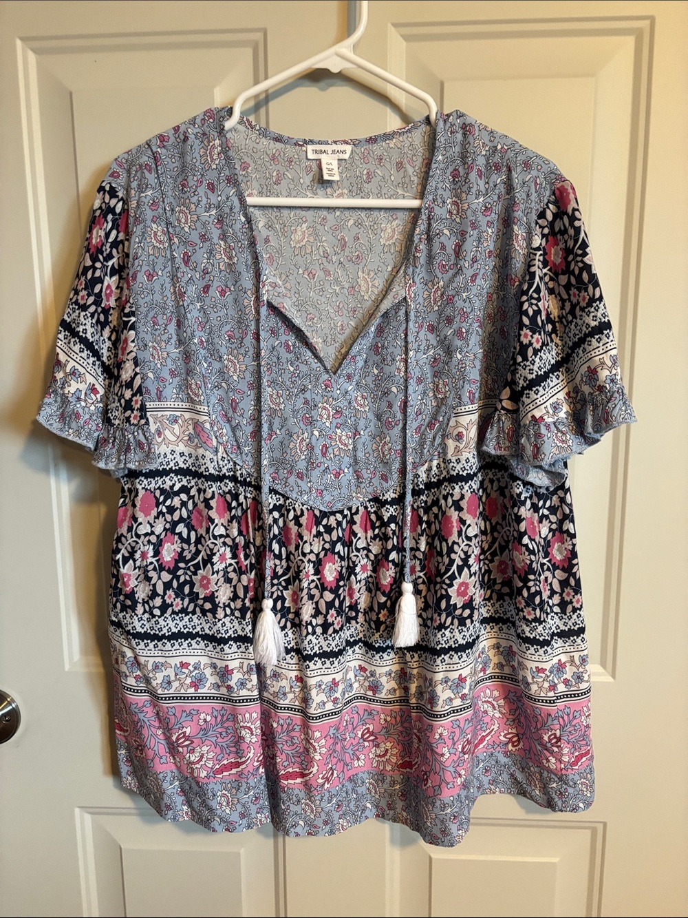 Tribal Women’s Floral Peasant Top in Blue and Pink